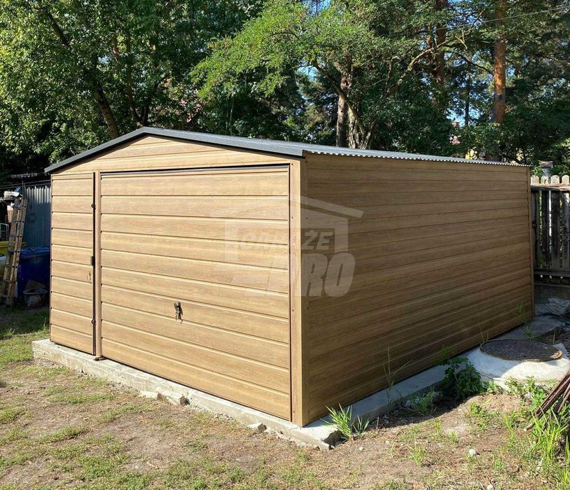 Garaż Blaszany 4x5m Brama uchylna drzwi drewnopodobny dach GP453