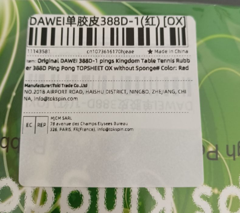Dawei 338D-1 kolor czerwony czop OX bez podkładu okładzina tenis stoło