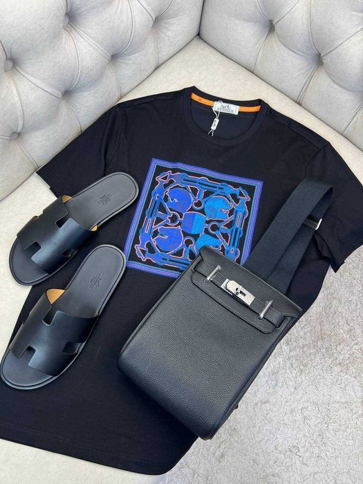 Черная футболка с принтом Hermes мужская футболка Эрме коттон f709