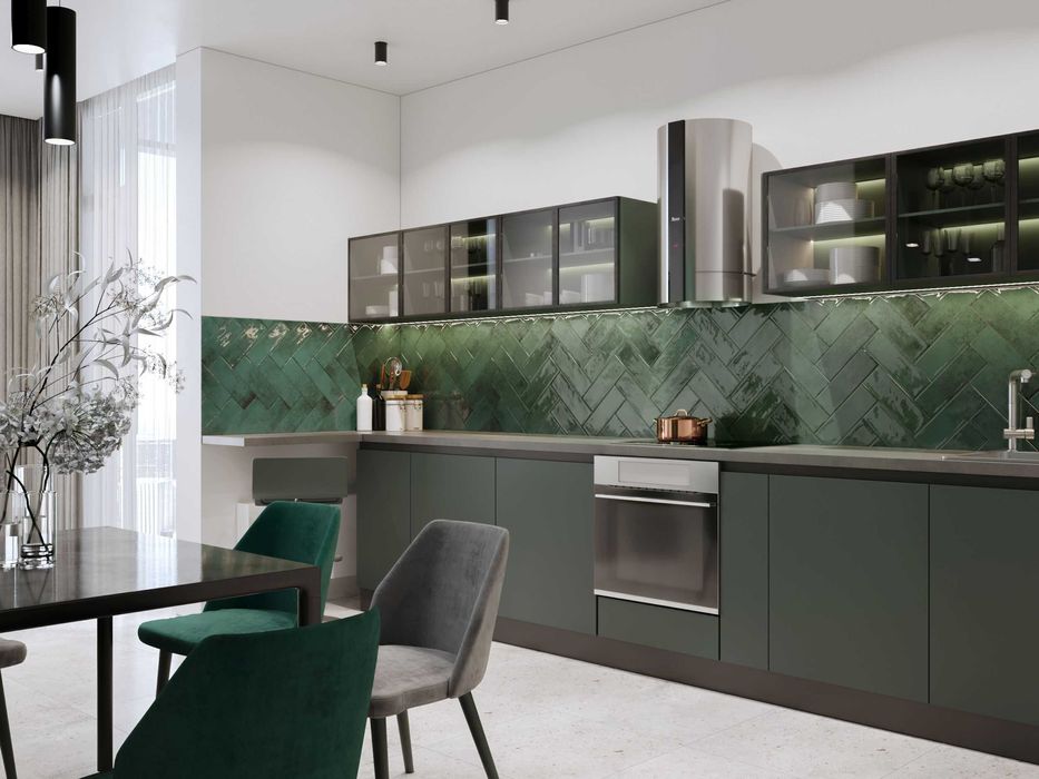 Глянцевая зеленая плитка кабанчик на Фартук Винтаж  10х30 см