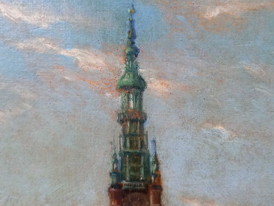 "Gdańsk", olej/płyta, sygnatura nieczytelna, przedwojenne malarstwo