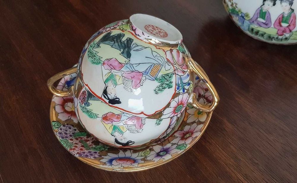 Serviço de chá porcelana chinesa figuras femininas e motivos florais