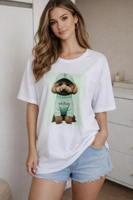 Koszulka damska oversize T-shirt biały z nadrukiem piesek Paris luźna