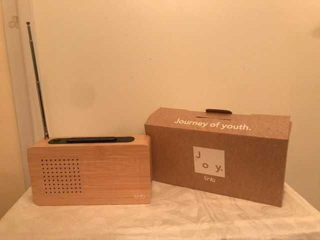 Pequeno radio-despertador revestido a madeira,com termometro tambem!