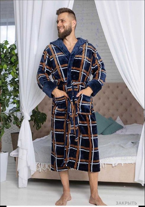 Мужской махровый халат на запах с капюшоном / мужской халат XL-6XL