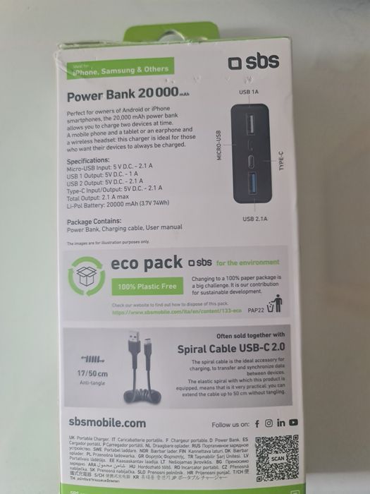 Powerbank SBS TTBB20000FASTK (20000 mAh - 2 USB - Preto)