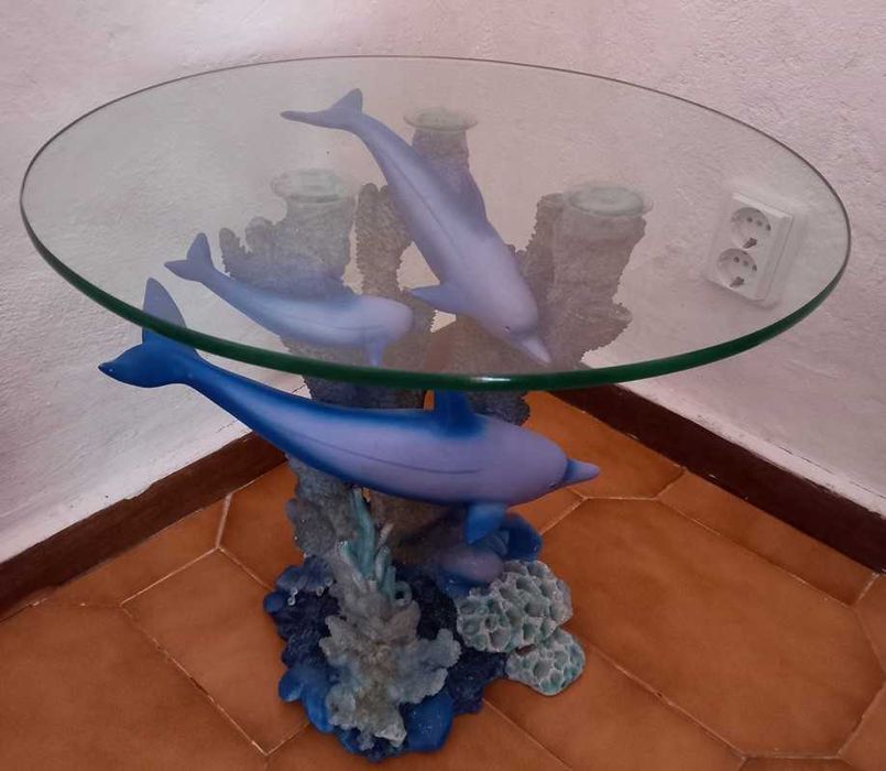 Mesa de centro ou apoio tampo de vidro redondo com golfinhos