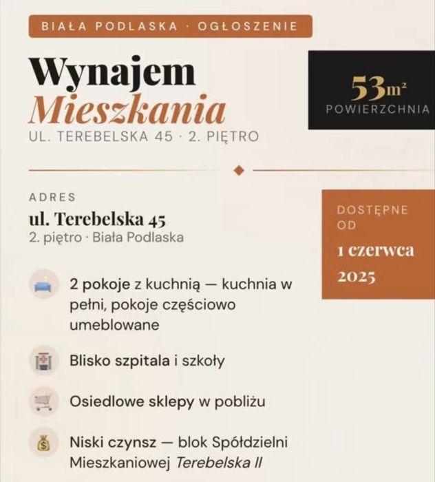 Wynajem mieszkania, 2 pokoje, ul Terebelska 45