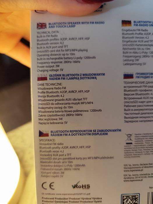 Głośnik Esperanza Bluetooth z radiem i lampka dotykową