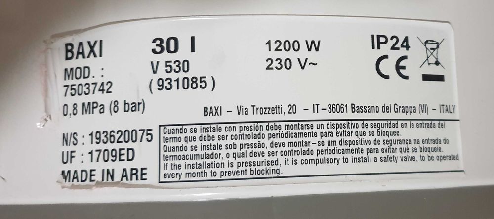 Baxi - cilindro 30 litros - nunca ligado - Redução de Preço