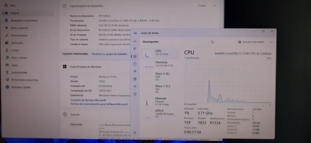 Pç HP 600G3 7ªG|i5.7500-3.4G|16G|NVMe256G+HDD500G|VGA/DP|Wifi+BT|W11