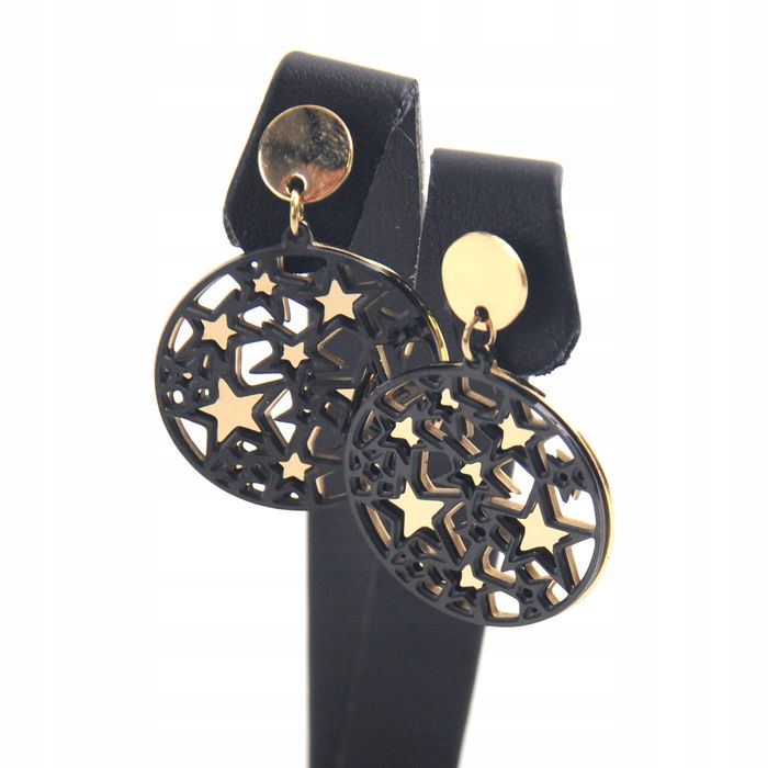 Kolczyki Gwiazdki Podwójne Koła Złote Czarne Stal