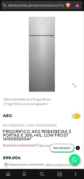 Frigorífico AEG RDB428E Novo