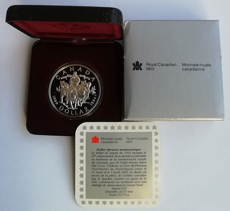 Канада 1 долар 1994р. Патруль на упряжках. СРІБЛО. ПРУФ. Сертифікат.