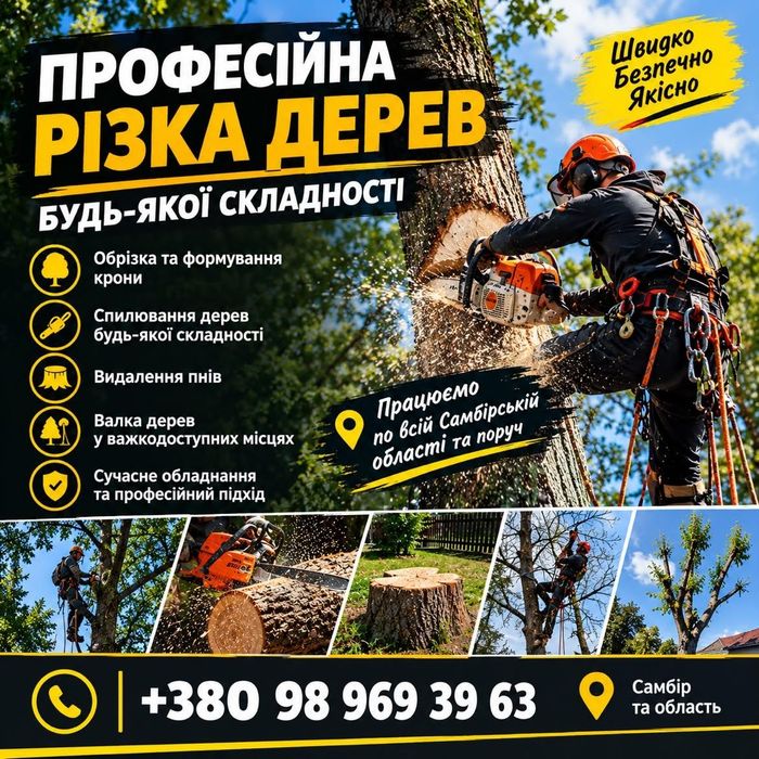 Альпіністи висотні роботи Зрізання дерев.Спил деревПодрібнення гілля подрібнювача .Порізка на дров