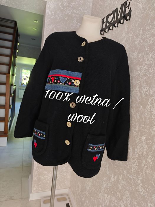 Kardigan sweter wełniany wełna 100% vintage coquette kwiaty czarny L
