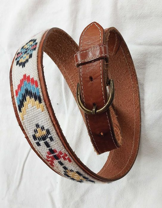 S Skórzany pasek na talię z indiańskim haftem etno boho jesienny