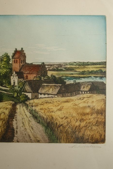 oryginalna skandynawska grafika z wiejskim pejzażem