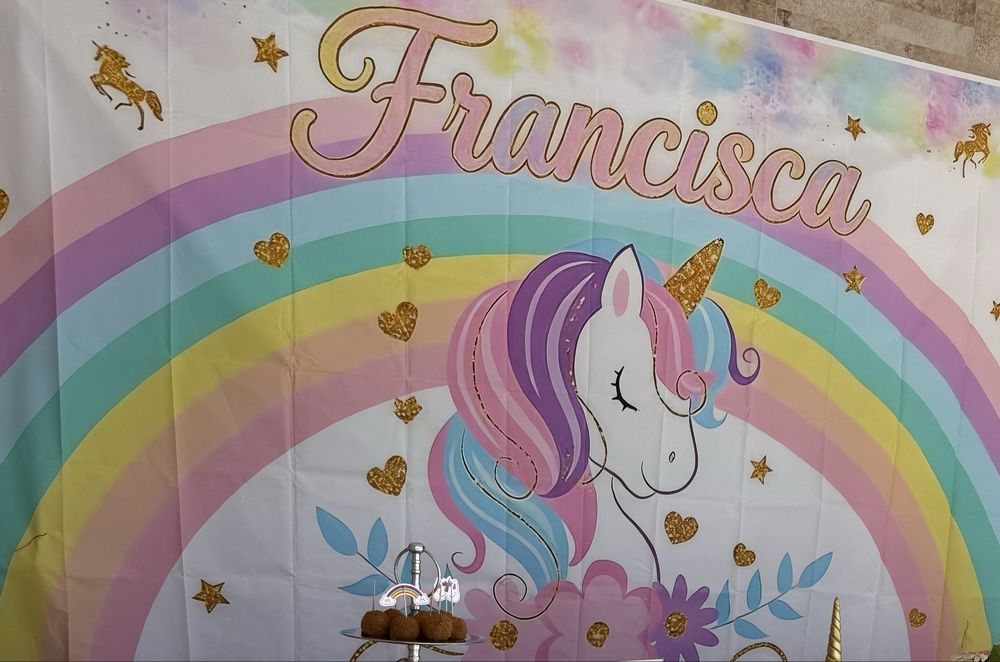 Decoração painel vinil festa aniversário unicornio Francisca fundo 270x180 cm