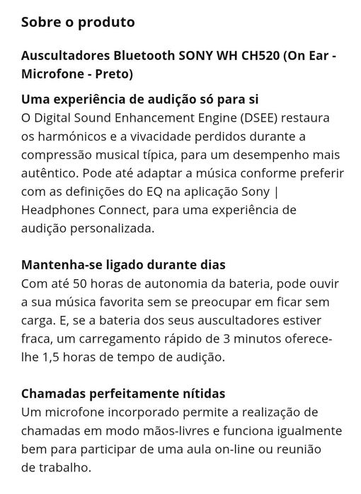 Auriculares SonyW WH-CH 520 headphones
