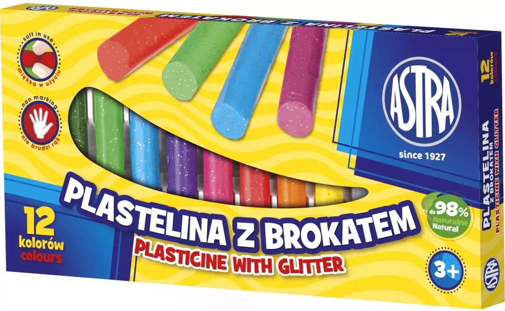 Plastelina z brokatem, 12 kolorów. Astra. Nowy Produkt