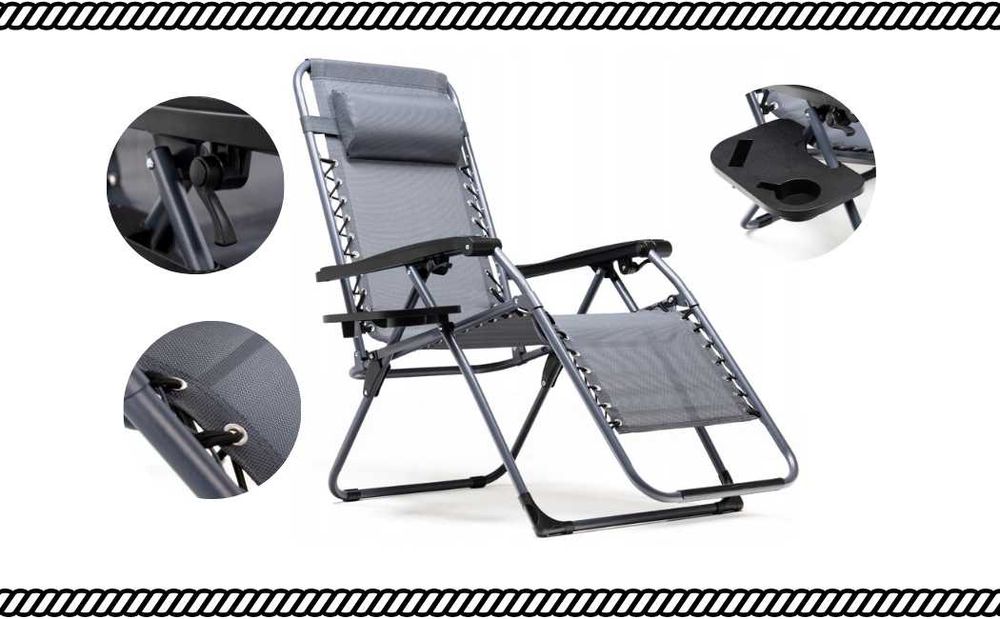 Leżak Grawitacyjny Ogrodowy Składany Regulowany z Poduszką i Uchwytem