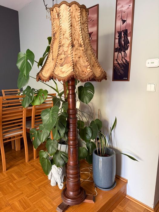 Stara lampa podłogowa dębowa vintage PRL retro duży abażur antyk