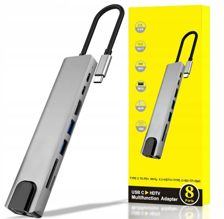 HUB USB C 3.0 8W1 adapter przejściówka port HDMI 4K karta SD LAN