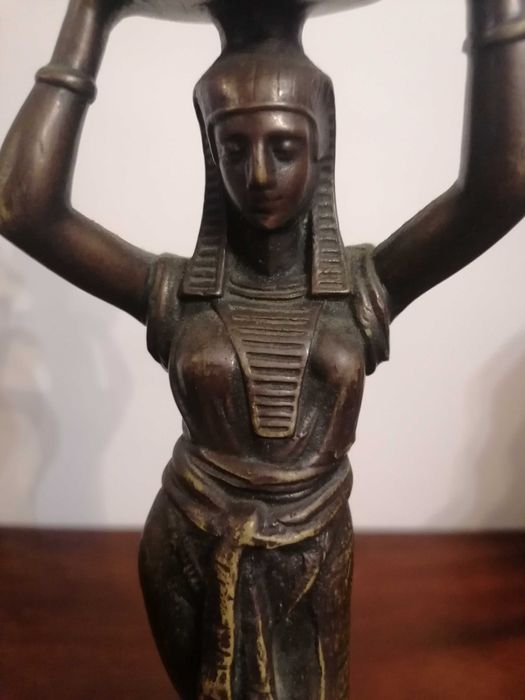 Rara Base de Candeeiro Antiga Revival Egípcio em Bronze