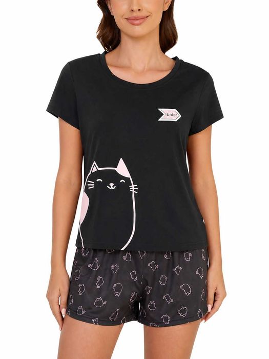 Домашний костюм шорты + футболка с коротким рукавом ХXL, L, S MyFav с принтом котика, Пижама молодежная