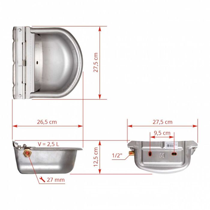 Poidło miskowe z zaworem pływakowym, ze stali nierdzewnej, 2,5 litra