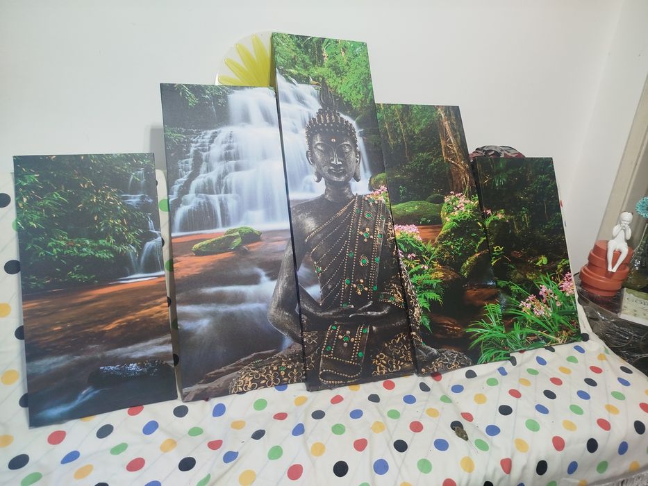 Conjunto de 5 Quadros Painel Buda e Cascata