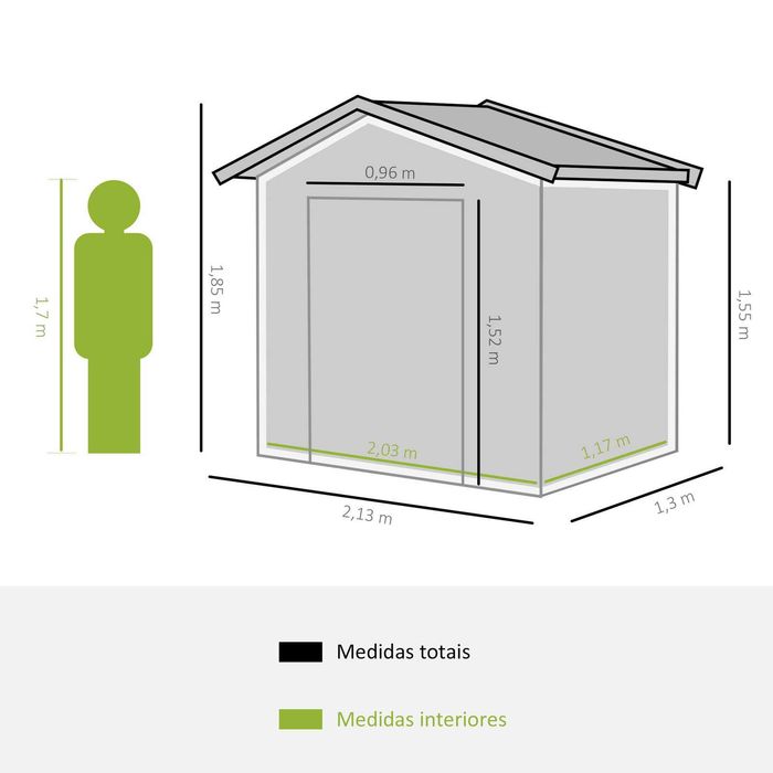 Abrigo exterior em aço galvanizado 213x130x185 cm com 4 janelas