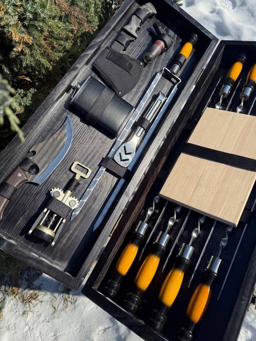 ТОП Набор шампуров в кейсе 8 шт + топор, фляга, тесак Подарок мужчине