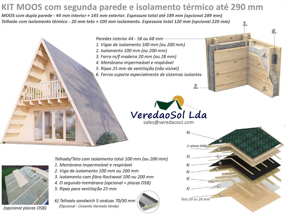 Casa madeira KIT MOOS T2 / Gizeh3 52m² - Telhado 97 m² - Pré fabricada