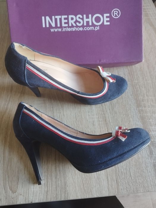 Buty szpilki czółenka granatowe zamszowe r,39/25