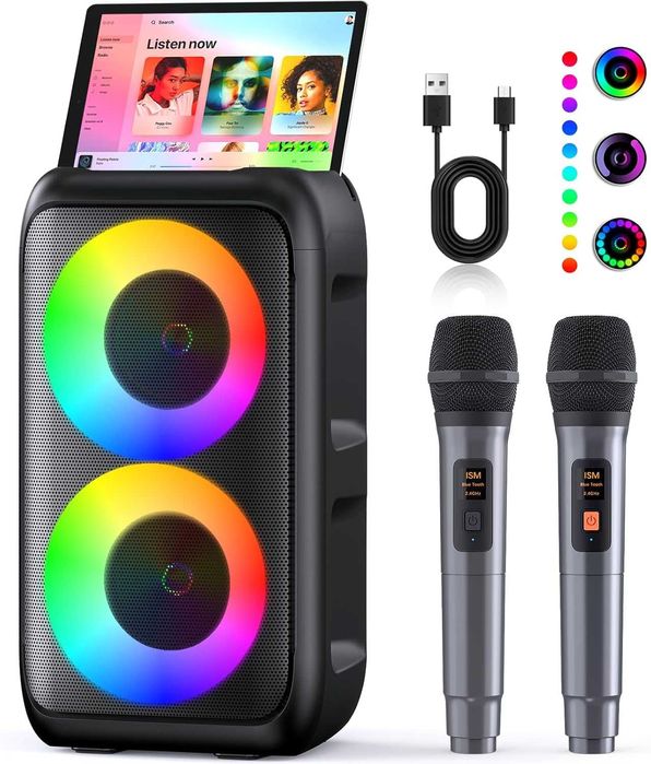 Maszyna do karaoke T-08, 2 mikrofony w zestawie, Bluetooth, LED, Impreza