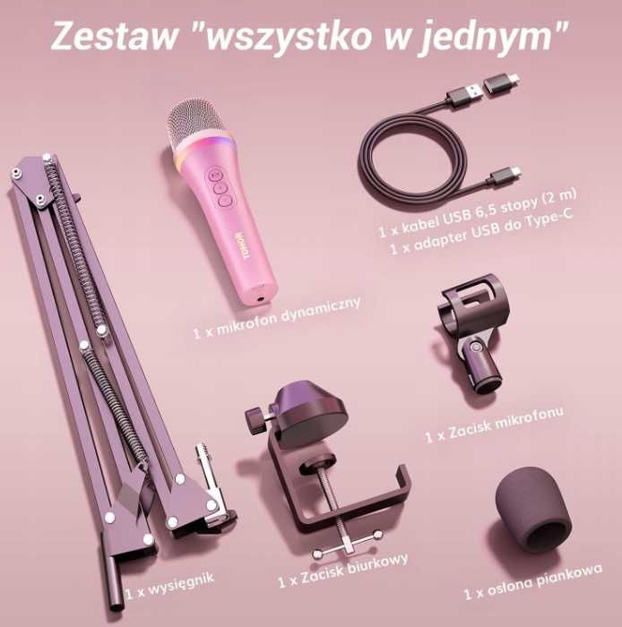 Tonor Mikrofon Dynamiczny USB Typ C RGB Różowy do Gier Podcast Karaoke