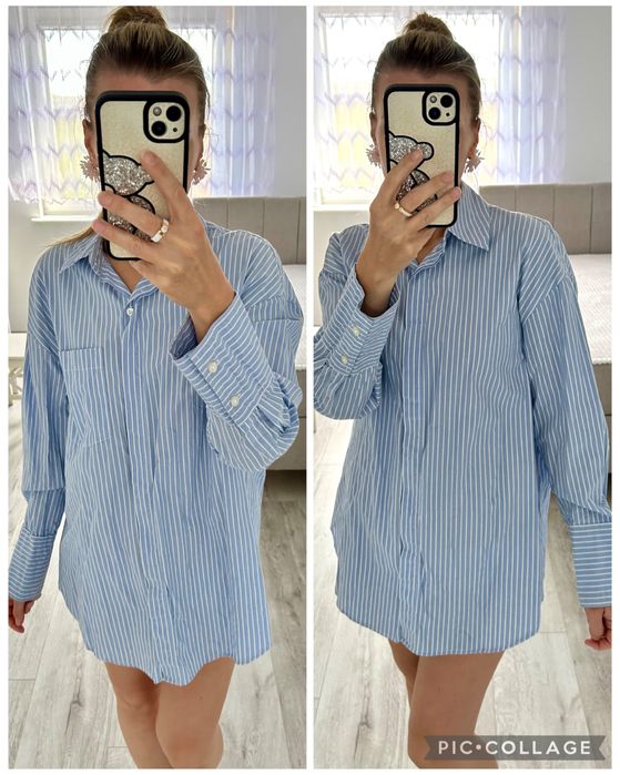 Błękitna bawelniana długa koszula w paski H&M oversize r.XS