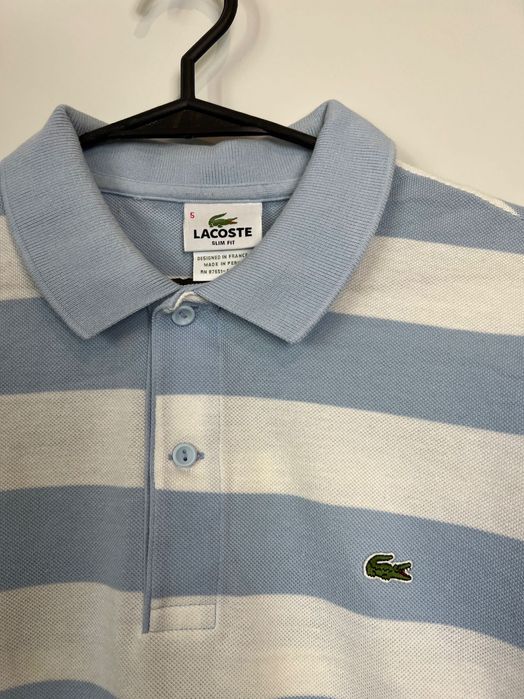 Polo koszulka Lacoste logo paski white / baby blue slim fit