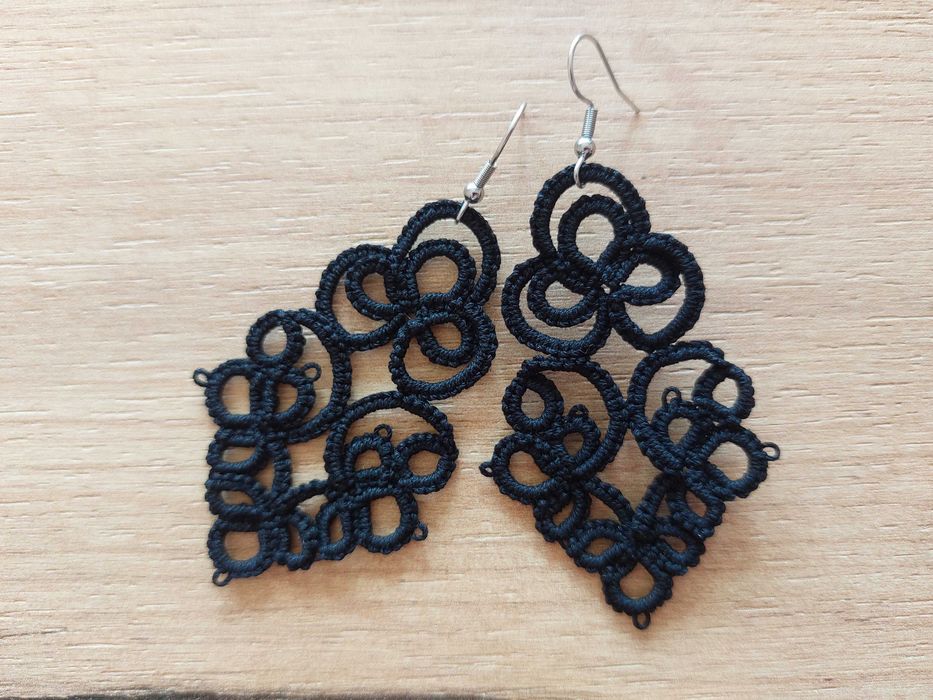 Kolczyki frywolitkowe czarne handmade koronka