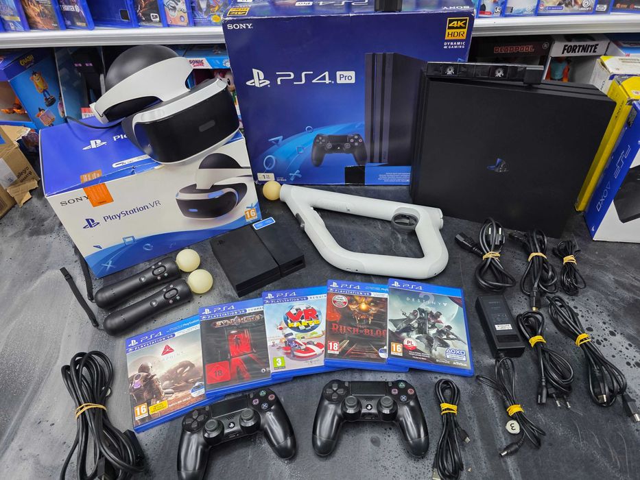 ZESTAW NA BOGATO Konsola PS4 PRO + Gogle VR + Karabin + Kamera + 2 MOVE + 2 pady + 5 gier Gwar 6mc SKLEP xGameCenter ZAMIANA