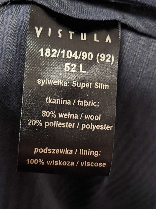 Garnitur Vistula 80% WEŁNA (L) Slim Granatowy Marynarka Spodnie Pasek