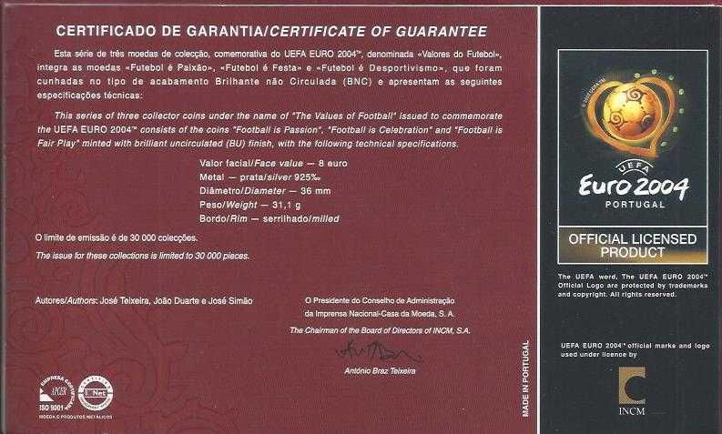 EURO  2004 Moedas BNC Prata  3 de  8  euros
