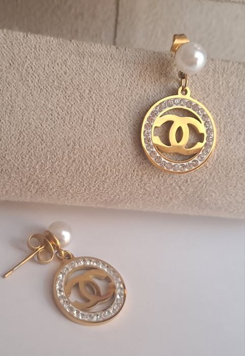 Złote, wiszące kolczyki cc kryształki, perła Cudo lv ysl