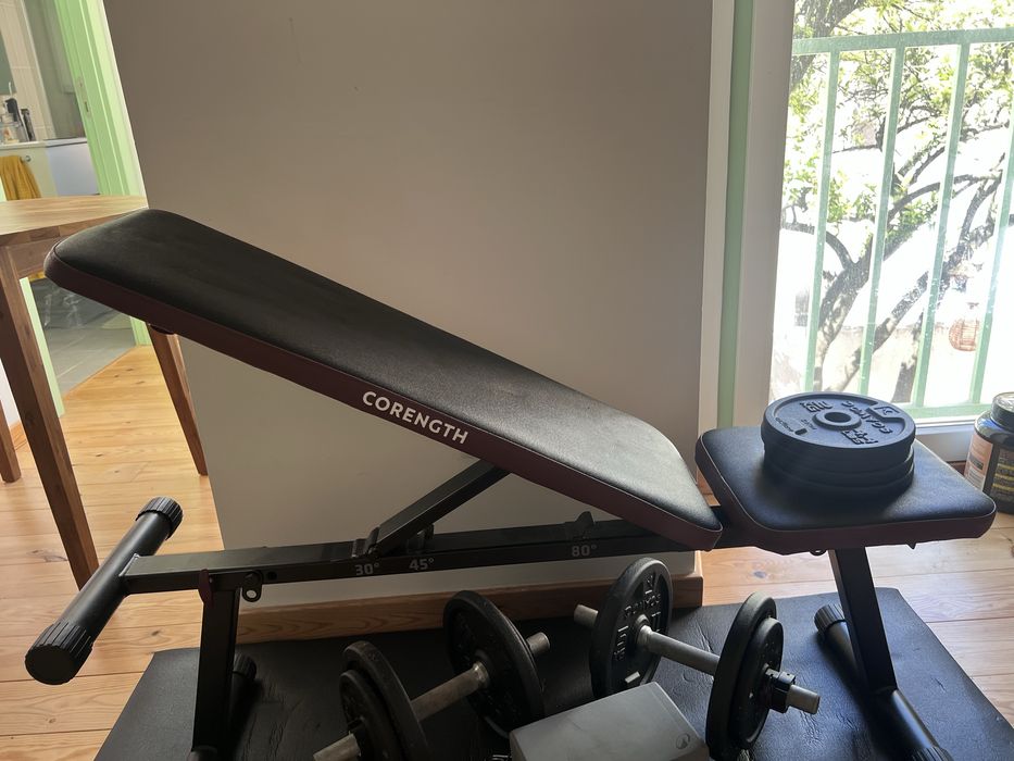 Bench, dumbbells and barbell