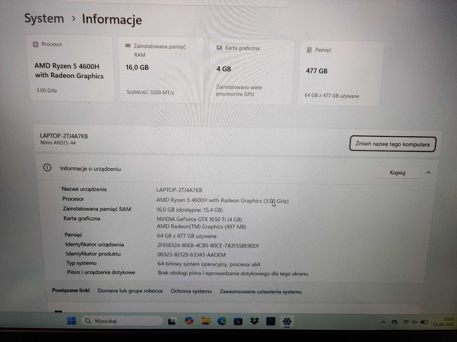 Laptop acer nitro 5 512g 5 4600/gtx 1650