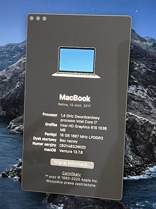 Macbook 12 2017 Retina A1534 i7-7Y75 Ram 16GB Dysk 256GB