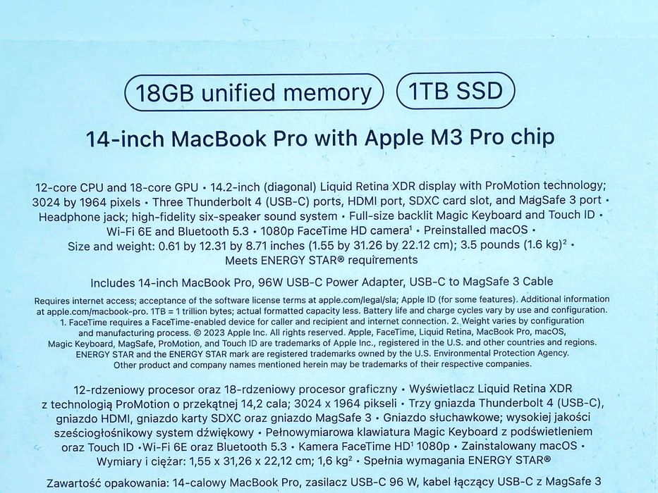 MacBook 14 M3 PRO 12CPU, 18GPU, 18GB, 1TB - stan idealny.