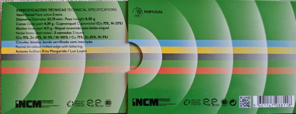 Moeda Proof 2€ colorida jogos olímpicos 2024 Portugal INCM